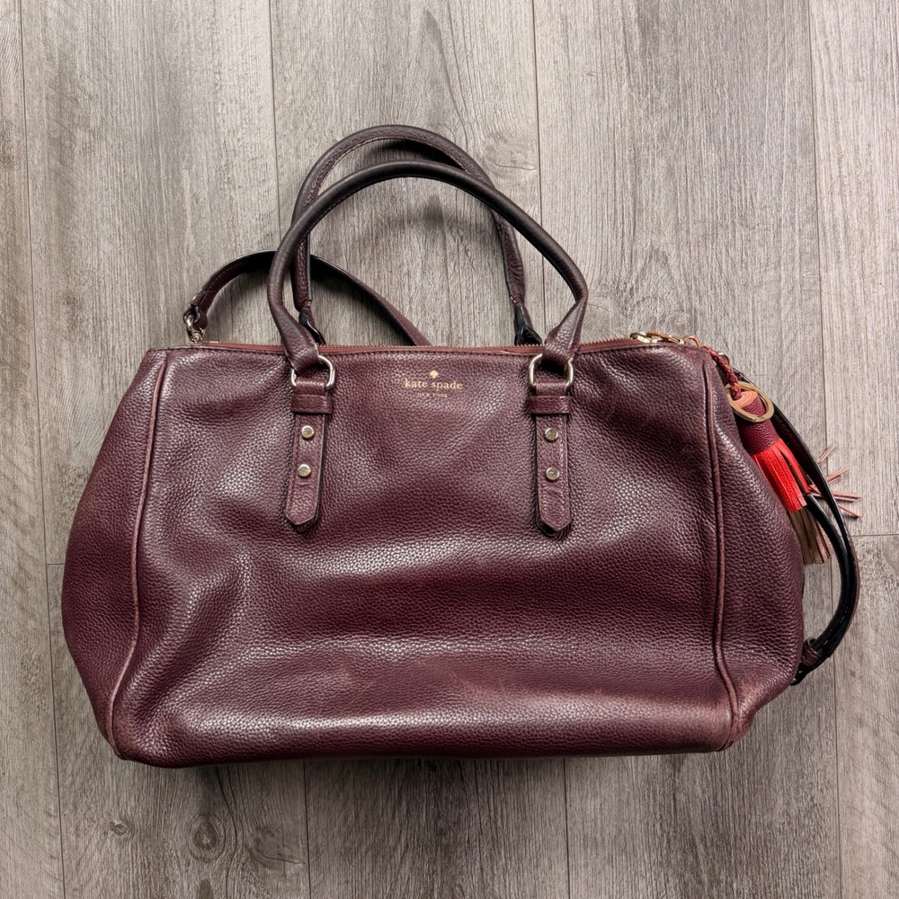 Kate Spade Burgundy Cow Leather Satchel Tote Crossbody Tassel Gold Hardware